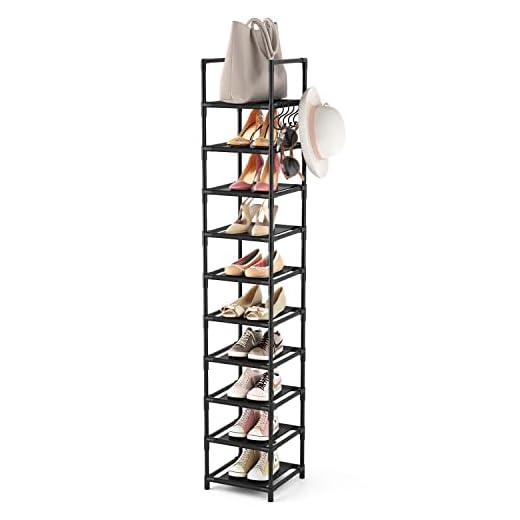 LANTEFUL Tall Narrow Shoe Rack for Entryway, 10-Tier Sturdy Metal Shoe Shelf to Store 10-15 Pairs of Shoes and Boots, Space Saving Narrow Shoe Storage Organizer for Closet,Doorway,Garage,Living Room