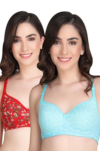 Image of Flower Print Bra for Women - Made of Pure Cotton Full Coverage Non Wired Pushup Soft Cup for T-Shirt Saree Dress Sports Garment for Daily Use Everyday