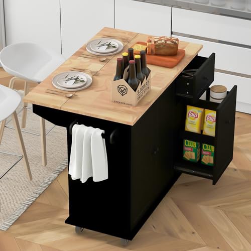 Linique Kitchen Island Cart with Drop Leaf,53.9\" Width Rolling Kitchen Cart with Internal Storage Rack,3 Tier Pull Out Cabinet Organizer,Spice Rack and Towel Rack,Portable Islands on Wheels(Black) - Thumbnail 4