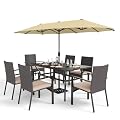 Sophia & William 7 Pieces Patio Dining Set with 13ft Beige Patio Umbrella, Outdoor Metal Table and Rattan Chairs Set for 6 People, Outdoor Dining Set with Cushions & 1.6" Adjustable Umbrella Hole