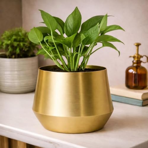 S H COLLECTIONS Premium Metal Plant Pot Metal Flower Pot for Indoor Plants | Matte Gold Finish Decorative Planter | Rust-Resistant Modern Planter vase Pot