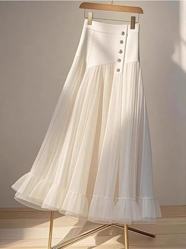 Women's High Waist Pleated Skirt A-line Patchwork Net Yarn Vintage Long Dress Casual Maxi Skirts3