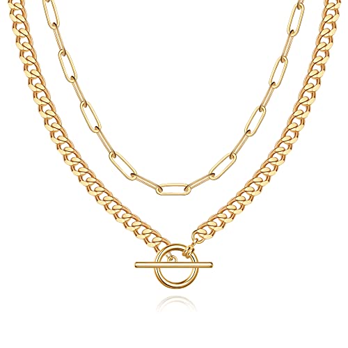 Mjartoria Layered Gold Necklace For Women, 14K Gold Plated Trendy Chunky Chain Necklace, Toggle Clasp Chain Paperclip Chain Adjustable Layering Chain Necklace For Women Girls Gold Jewelry Gifts #TOP10