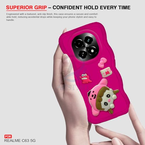 Image of AESTMO Back Case Cover for Realme C63 5G | 3D Cute Fun Cartoon Characters | Anti Slip Grip Cute Wave Curly Frame Shape | Full Body Protection Back Cover for Realme C63 5G (Pink)