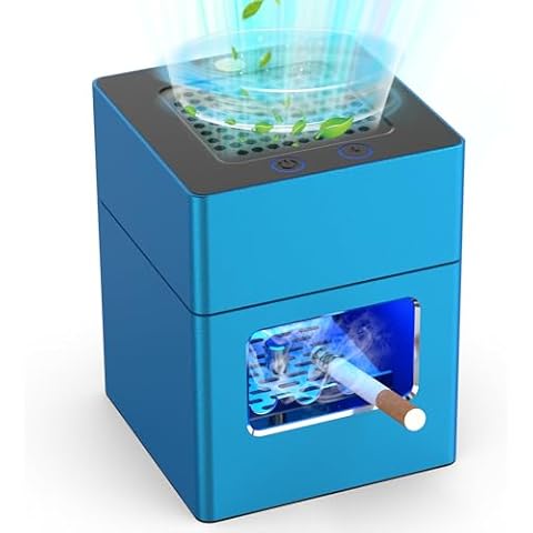 Rechargeable Mini Ashtray with Lid, Detachable Ash tray with Lighter, Aluminum Smokeless Trash Can with USB Line,Portable Ashtray with LED Blue Light (Blue) Cover