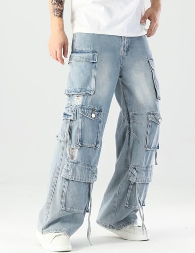 Rexcyril Men's Baggy Ripped Jeans Distressed Hip Hop Wide Leg Loose Fit Multi-Pockets Cargo Denim Pants3