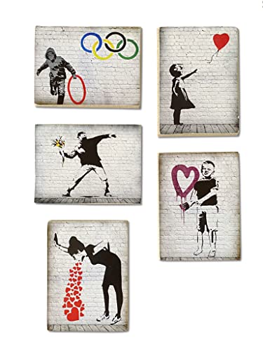 KUSTOM ART Composizione da 5 Quadretti Stile Vintage Serie Bansky. Stampa su Legno 18x25 e 25x18 cm ciascun quadretto