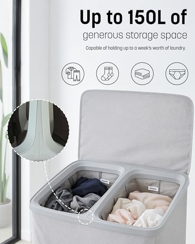 Keplin Collapsible Laundry Basket with Lid – 2 Section Clothes Sorter Hamper 150L – Large Fabric Washing Bin with Removable Liner, Handles & Bottom Strap – Foldable Grey Laundry Organizer 56x40x67cm - Cosy Home Interiors Keplin Collapsible Laundry Basket with Lid – 2 Section Clothes Sorter Hamper 150L – Large Fabric Washing Bin with Removable Liner, Handles & Bottom Strap – Foldable Grey Laundry Organizer 56x40x67cm - Image 4