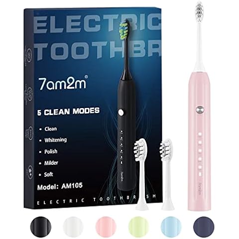 7AM2M Sonic Electric Toothbrush for Adults and Kids, with 2 Brush Heads, 5 Modes with 2 Minutes Build in Smart Timer, Roman Column Handle Design (Fluorescent Pink, 1 Count (Pack of 1)) Cover