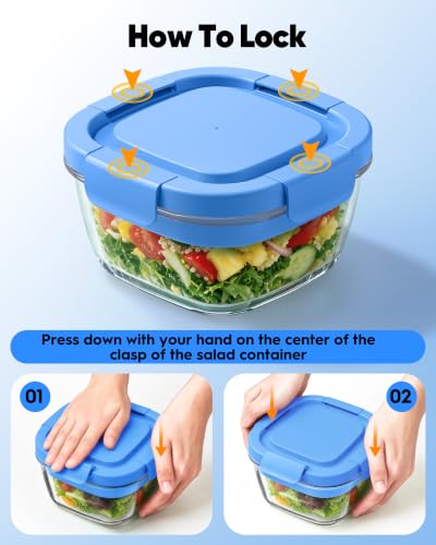 Image of Glass Salad Container,56oz Salad Bowl To Go for Lunch with Airtight Lid,Leak-Proof Sauce Container,4-Compartment Bento Tray & Reusable Fork - BPA-Free Glass Lunch Box for Meal Prep,Office(Blue)