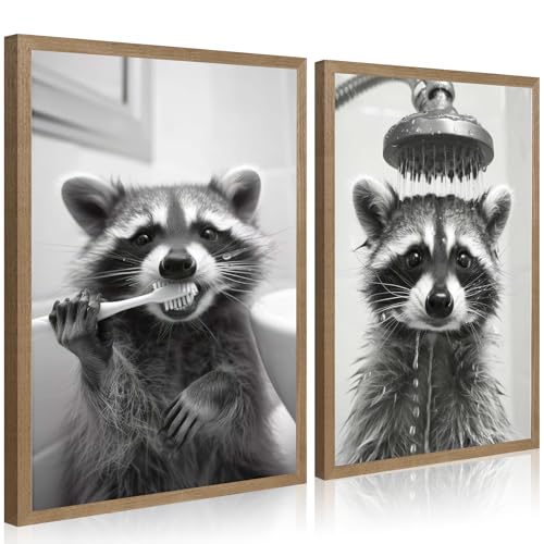 RJETZMU Funny Raccoon Bathroom Wall Art, 2 Piece Unframed Prints, 12x16