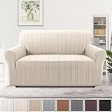 H.VERSAILTEX High Stretch Loveseat Covers 1-Piece Couch Cover Non Slip Sofa Cover with Elastic Bottom Thick Soft Sofa Covers Washable Polyester Spandex Jacquard Fabric Stripe Design(Loveseat, Natural)
