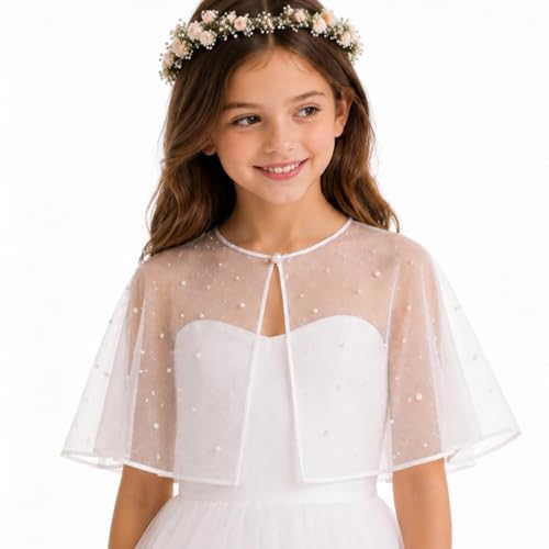 Flower Girl Cape for Dress White Pearl Tulle Cover Up for Girls First Communion Shawl Wedding Bolero Capelet, Junior Bridesmaid