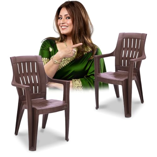 Image of MAHARAJA Premium Heavy Duty Plastic Chairs with Arm Rest | 200Kg Capacity �Brown, Pack of 2