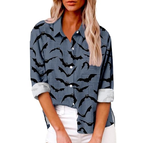 Happy Halloween Button Down Shirts for Women Funny Pumpkin Bat Witch V Neck Long Sleeve Tops 2024 Fall Blouse Casual Loose Tee Top Blues L