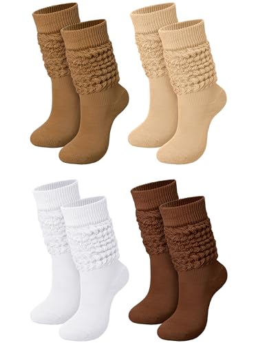 Janmercy 4 Pairs Slouch Socks for Women Bulk Boot Stacked 80s 90s Neon Slouch Knit Scrunchie Winter Warm Socks(Medium,Earth Tone Color)