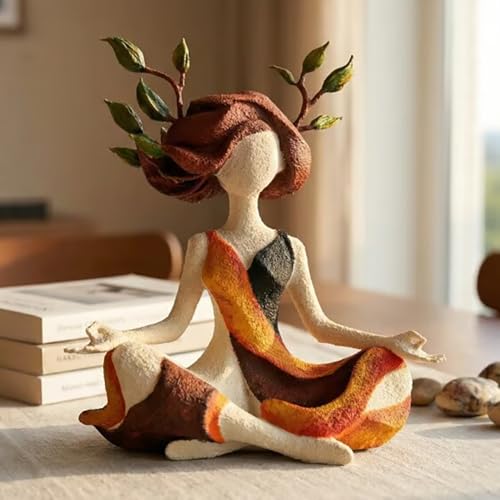 KOPOAO Serenity Growth | Inner Harmony Sculptural Figurine, Meditation Statue Zen Decor, Unique Meditative Nature Goddess Sculpture with Brown Hair, Spiritual Yoga Home Decor (Style B)
