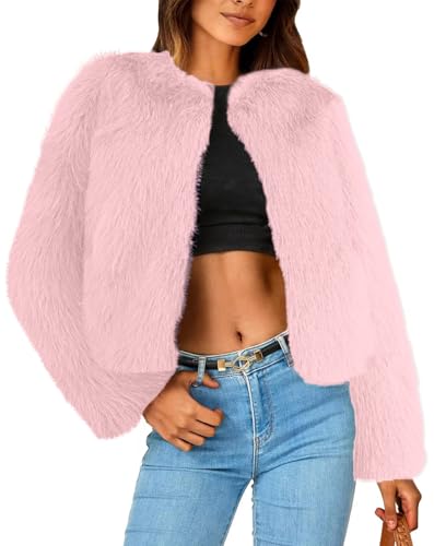 Simplee Women's Faux Fur Coat Furry Cropped Jacket Long Sleeve Warm Open Front Fur Jackets