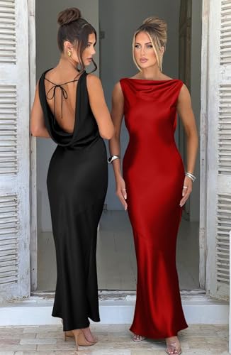 Memoriesea Women's Satin Elegant Sleeveless High Neck Tie Cocktail Party Maxi Dress Red - Thumbnail 5