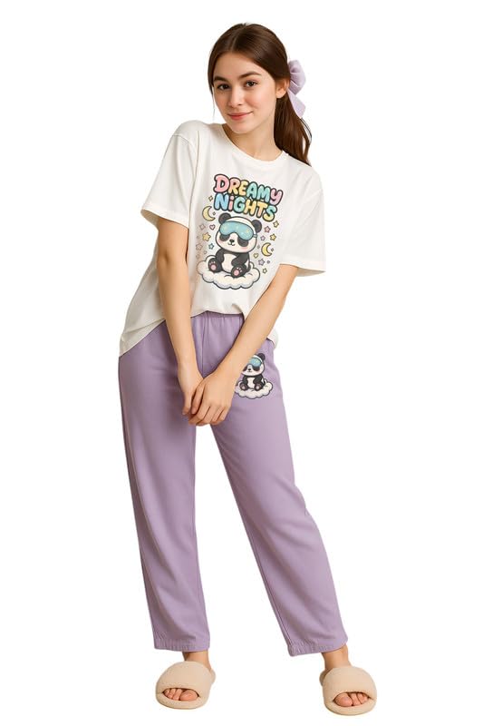 Image of My Swag Womens Cotton Nightwear Set | Dreamy Nights Printed T-Shirt with Relaxed Fit Pajama | Perfect for Sleep & Home