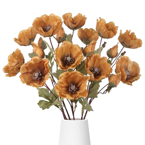 muafho Orange Fake Poppy Artificial Flowers 6Pcs Faux Silk Flower with Long Stems Spring Flowers for Bridal Wedding Bouquets Floral Arrangements Home Centerpiece Table Party Decorations (Orange)