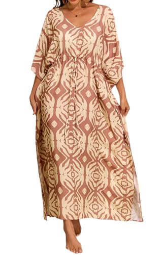Image of Orshoy Womens Kaftan Full Length Beachwear Cover Ups Boho&Maxi Kimono Tunic Loungewear Swimsuit Free Size Coffee