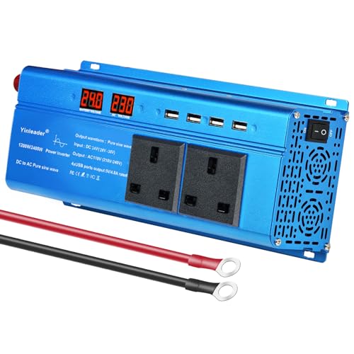Yinleader 1200W Pure Sine Wave Inverter 24V to 230V AC 2400W Peak Truck Power Converter with 2 UK AC Sockets 4 USB-A Port and LCD Display for Lorry HGV Truck Off-Grid 24v battery