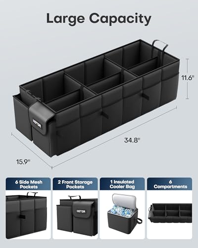 Image of HOTOR Trunk Organizer for Car & SUV, Sturdy Car Organizer with Removable Cooler, Large Foldable Trunk Organizer with Cooler, 6 Compartments, Adjustable Straps, Black, 34.8 inchx15.9 inchx11.6 inch