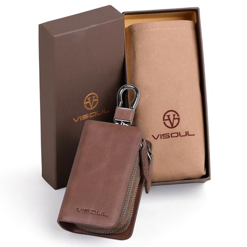 Image of VISOUL Car Key Case Holder Double Zipper, Leather Car Smart Key Fob Case with Keychain for Men and Women