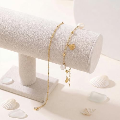 Image of Dainty Gold Shell Pearl Charm Ankle Bracelet for Women Trendy non-Tarnish Adjustable Anklet Summer Beach Fashion Jewelry Gift