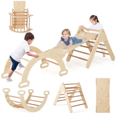 COSTWAY 7 en 1 Triángulo de Escalada de Madera para Niños, Juego de Escalada con Triángulo/Arco/Rampa para Deslizarse o Escalar, Set de Escalada Montessori para Niños 1+ Año, Natural (Ancho 55cm)