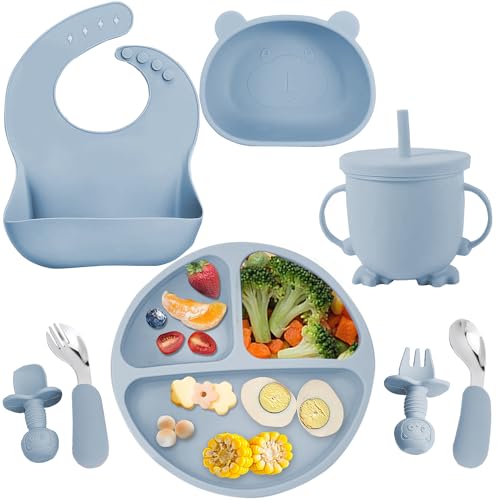 Image of Silicone Baby Feeding Set, Baby Led Weaning Supplies 8 Pack with Suction Plate and Bowl, Self Feeding Spoons Forks Sippy Cup Adjustable Bib, Eating Utensils for 6+ Months