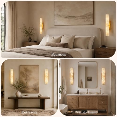 Image of Gold Alabaster Wall Sconces Set of 2, Spanish Natural Marble Wall Sconce, 20 inch Brass Wall Sconce for Bathroom, Indoor Stone Wall Sconces Dimmable, Alabaster Wall Light for Living Room, Bedroom, Hallway