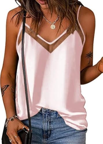 Ekouaer Silk Tank Top for Women Mesh V Neck Satin Camisole Silky Sleeveless Tank Cami Shirt Light Pink