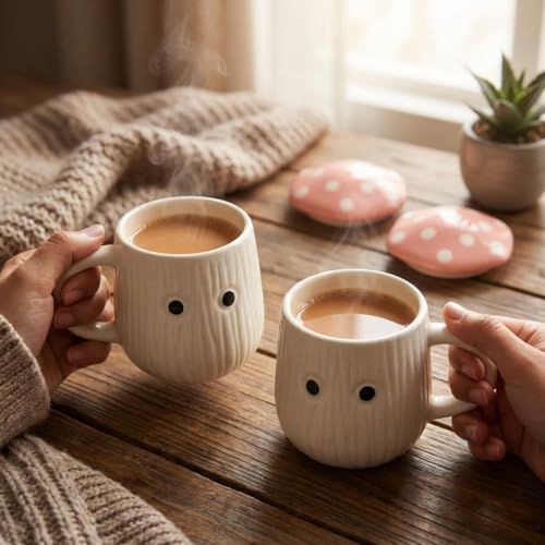 Image of Pink Mushroom Ceramic Mugs with Lid Set of 2 | 300ml Coffee Tea Cups Polka Dot | Microwave Dishwasher Safe | Valentine Couple Gift | Home Decor Kitchen Dining Handmade India