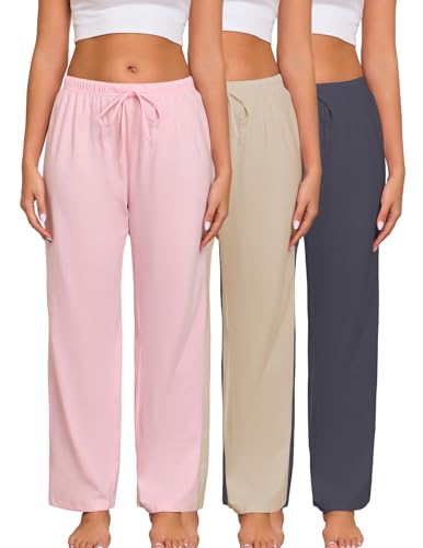 Image of Veseacky Women 100% Cotton Pajama Bottoms Comfy Soft Lounge Sleep Pants Drawstring Sleepwear 3 Pack S-XXL