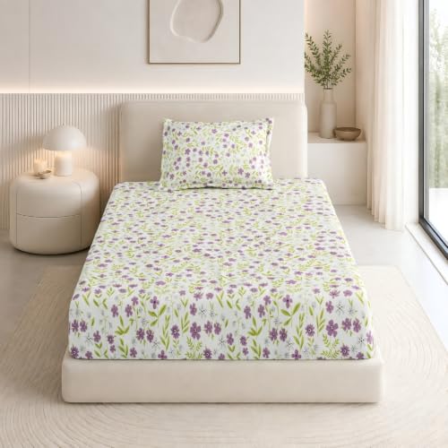 Image of Haus & Kinder Elastic Bedsheet Single Bed, 37 x 78 x 11 Inches Single Bedsheet Cotton Elastic Fitted with 1 Pillow Cover, Pure Cotton 186 TC, Breathable Wrinkel Free - Moonlit Lavender Garden