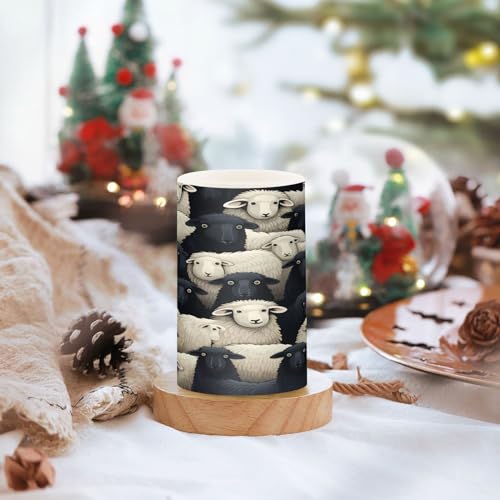 Image of Lights Flameless Candles Black White Lamb Sheer Pillar Candles Set of 2 Battery Operated Remote Control Warm Lights Home Decor