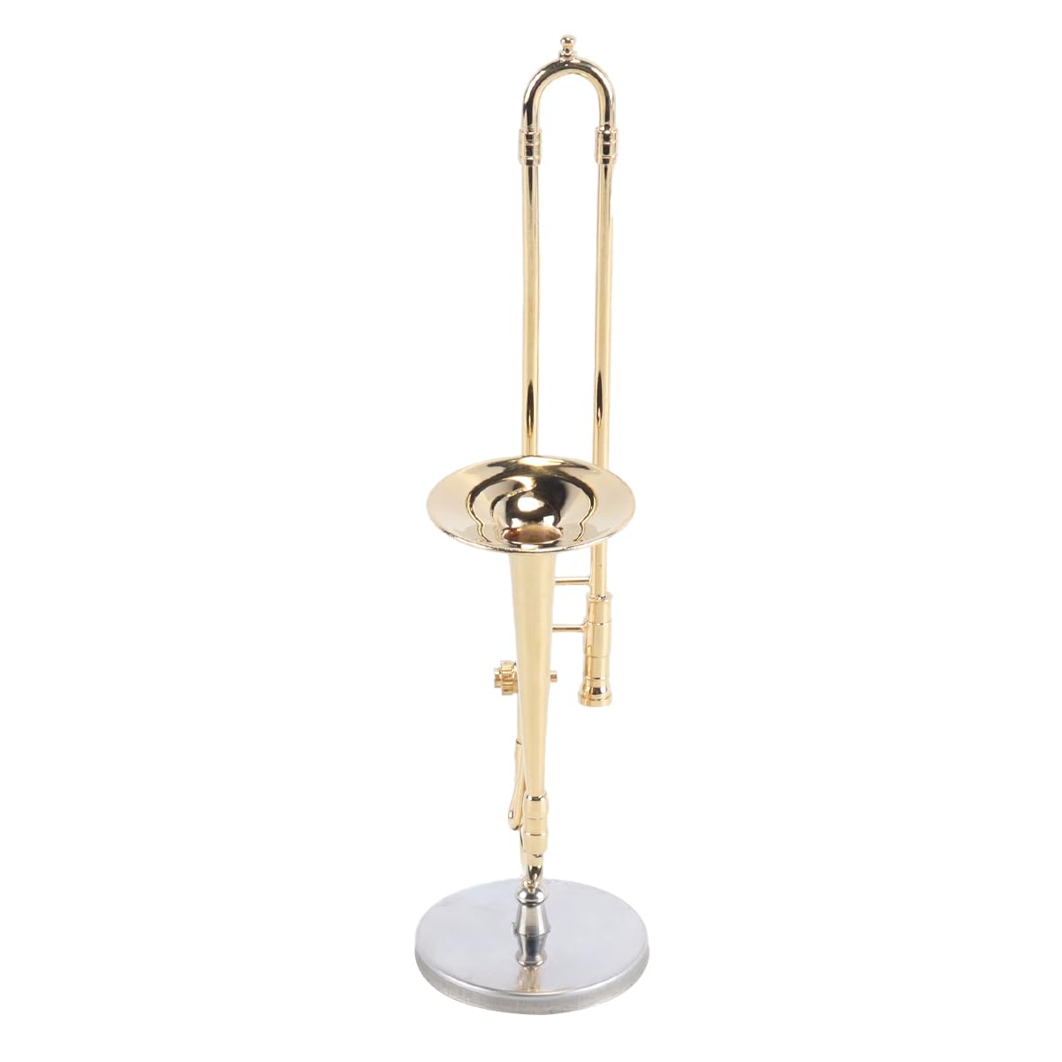 Réplica de trombón en miniatura con soporte y estuche, instrumento chapado en oro, réplica de trombón de saxofón en miniatura chapado en oro de 14 cm.
