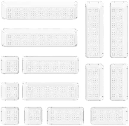 14-Piece Modular acrylic clear drawer dividers and storage bins- 4-Size Clear plastic Drawer Organizer Trays for Vanity,Dresser, Bathroom, Kitchen, Office Gadgets Utensils