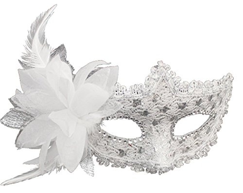 Coxeer Masquerade Mask for Women Mardi Gras Mask with Flower (White)