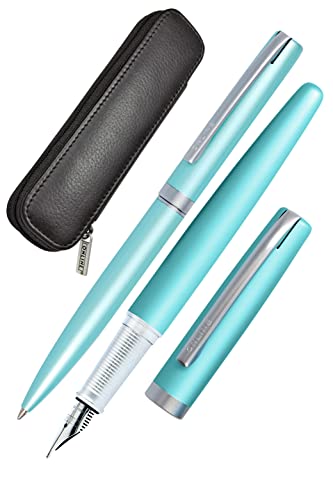 Online Eleganza - Juego De Escritura (Incluye Bolígrafo, Pluma Estilográfica, Estuche De Piel Auténtica), Color Turquesa