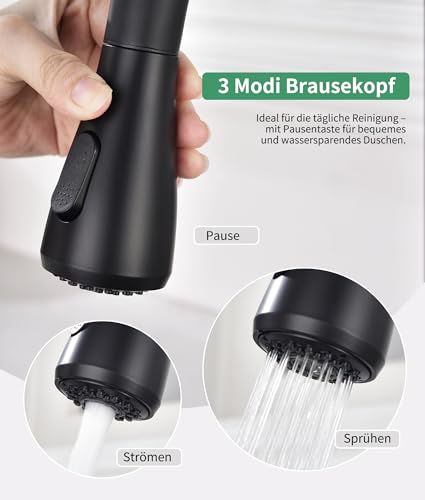 Wasserhahn Küche Ausziehbar,Hochdruck Küchenarmatur mit Herausziehbarer Brause Mischbatterie Küche mit 3 Funktionen 360°Drehbar,Kitchen Faucet Zwei Sprühfunktionen(Schwarz)