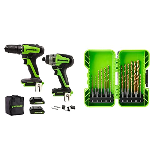 Greenworks 24V Drill + Impact Driver, (2) 1.5Ah Battery + 22 Piece Drill Bit Set #TOP25