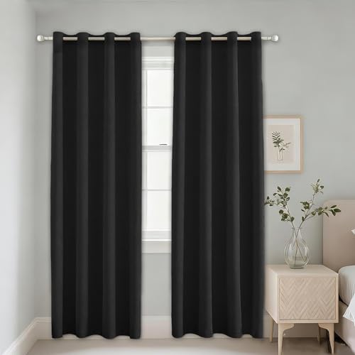 Alaoo Cortinas Opacas,Cortinas Termicas Salon,2 Piezas 117x137CM,100% Cortina Dormitorio Opaca con Ojales,Cortinas Moderno,para Dormitorio, Comedor y Cocina,Negro