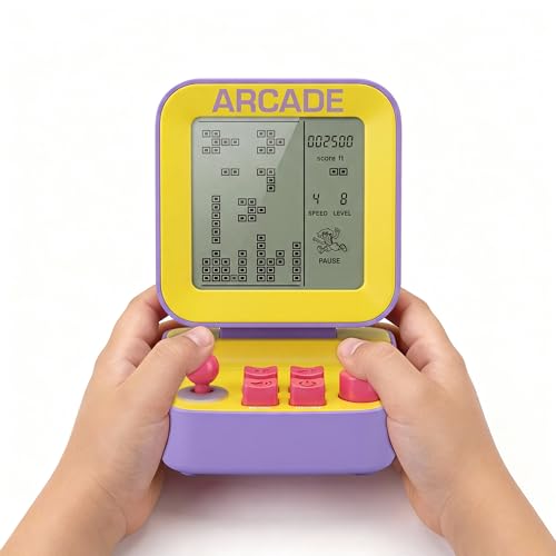 Silvergear® Mini Consola Arcade Retro Escritorio | Consola Juegos Brick 26 Juegos 99 Niveles | Mini Máquina Arcade | Pantalla LCD 2 bit | Consola Portátil | 9×6,5×9,5 cm | Morado Amarillo