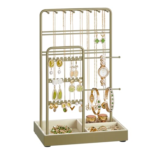 SONGMICS Soporte para Joyas, Organizador de Joyas, Expositor de Joyas, Marco de Metal, Bandeja de Terciopelo, para Collares, Pulseras, Anillos, Regalo, Verde Laurel JJS021C02