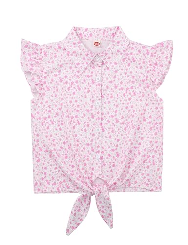 Image of Girls Sleeveless Plaid Button Down Shirt Summer Crop Tops Tie Knot Ruffle Sleeve Shirt Blouse 3-12Y