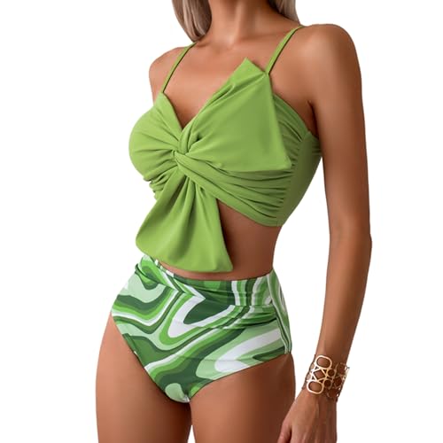 Matching Swimsuit Couples Green Wave Large Bowknot High Waisted Bikini Set & Matching Men Swim Trunks4