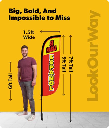 Image of LookOurWay Feather Flag Set - 5ft Tall Advertising Banner Flag with Pole Kit and Ground Spike for Business Promotion - Se Habla Espanol